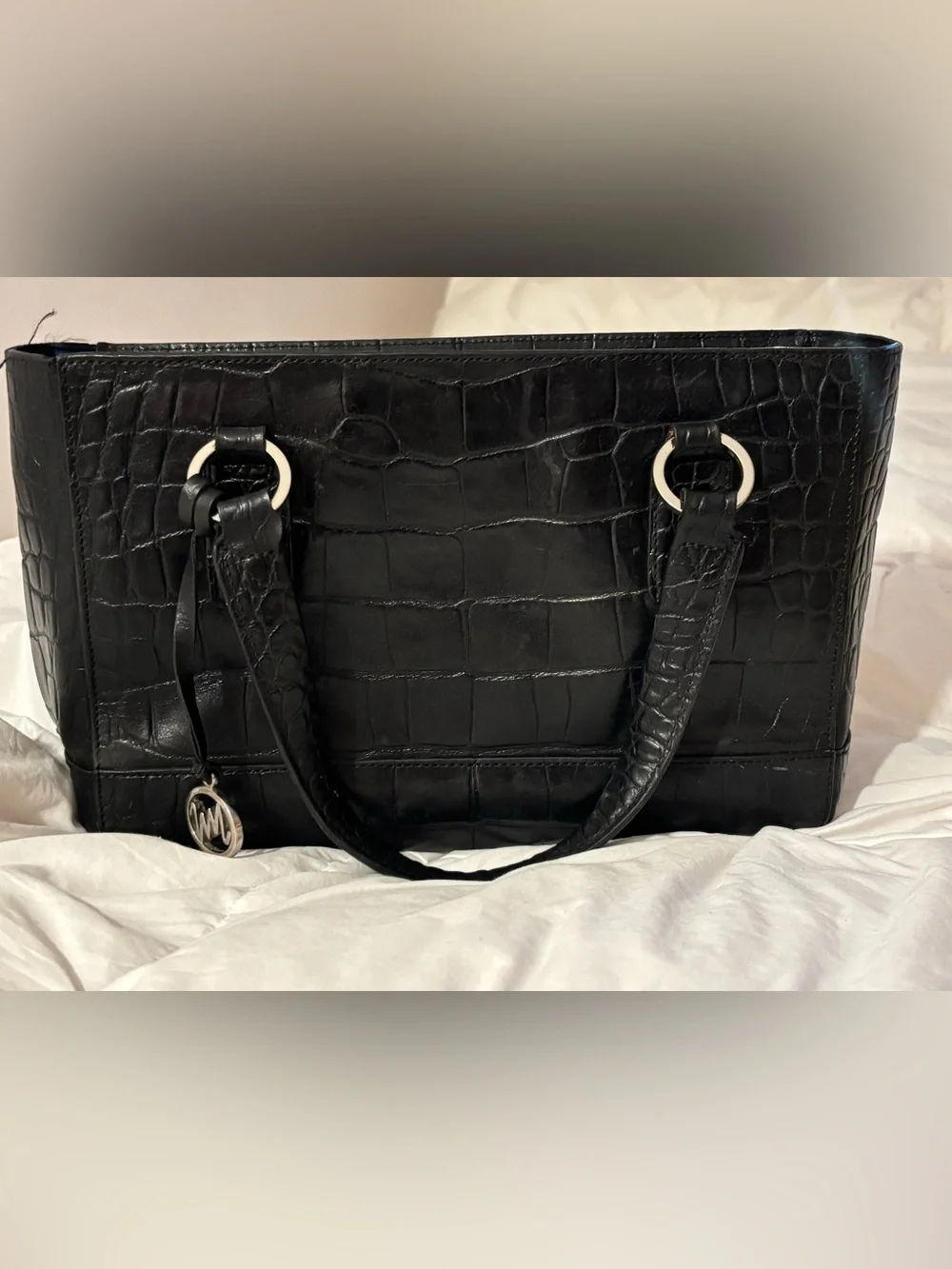 Monsac 1990s Black Croc-Embossed Leather handbag with Silver Hardware